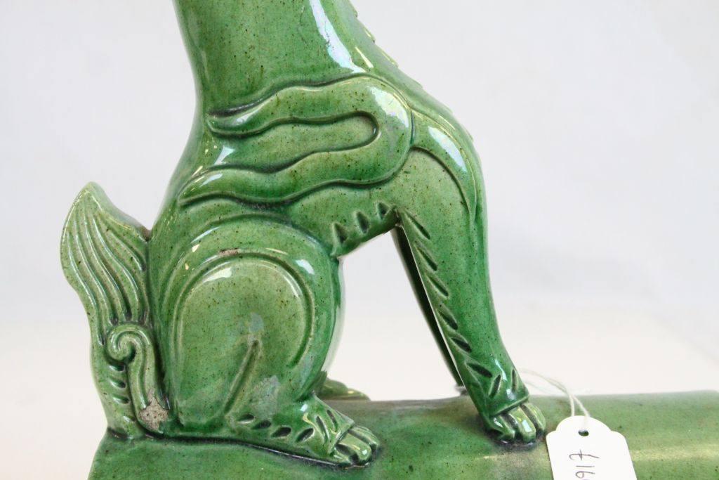 19th Century green glazed stoneware Roof Tile with seated Foe Dog finial, measures approximately - Image 7 of 7