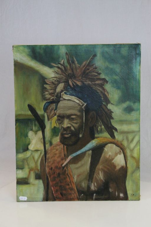 Mid 20th century oil on canvas portrait of an African Congo, Lorelle Cheif titled verso