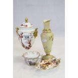 Royal Worcester blush ivory vase (af) together with a Coalport lidded urn Vase, Augustus Rex cup,