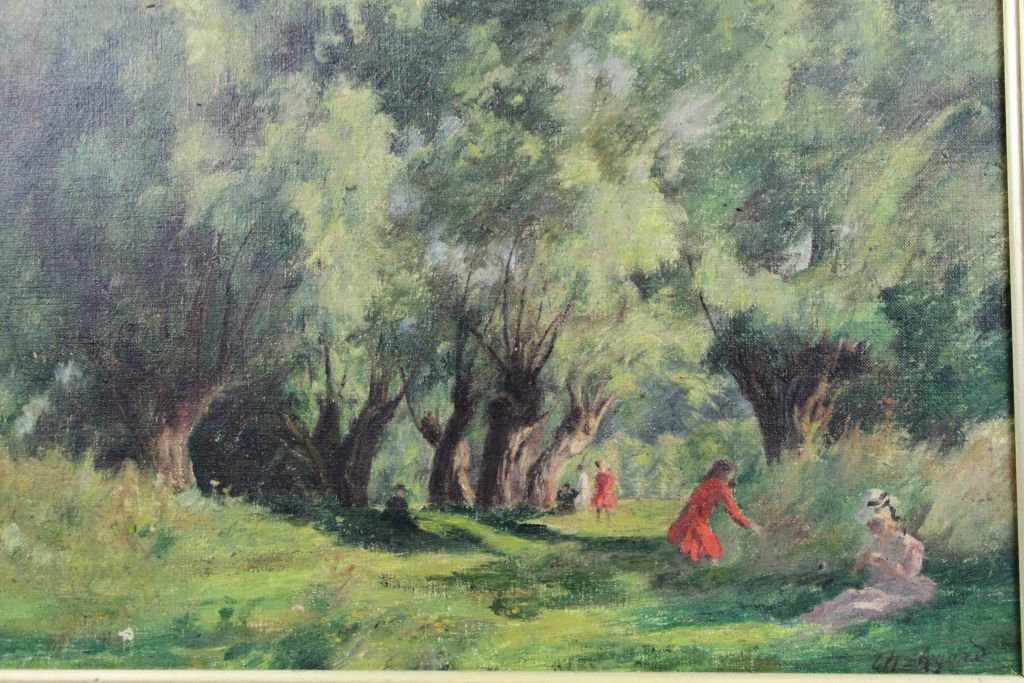 Agnes Charles 1866 - 1950 oil on canvas impressionist style figures in a woodland setting - Image 3 of 3