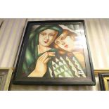 Framed oil painting of two Art Deco ladies in period dress signed