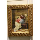 Ornate gilt framed oil on panel portrait of a 19th century lady with girl, signed