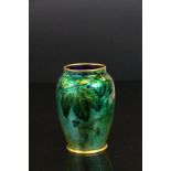Camille Faure Limoges Enamel Art Nouveau vase in vivid Greens & Gold, with Pink ground interior,