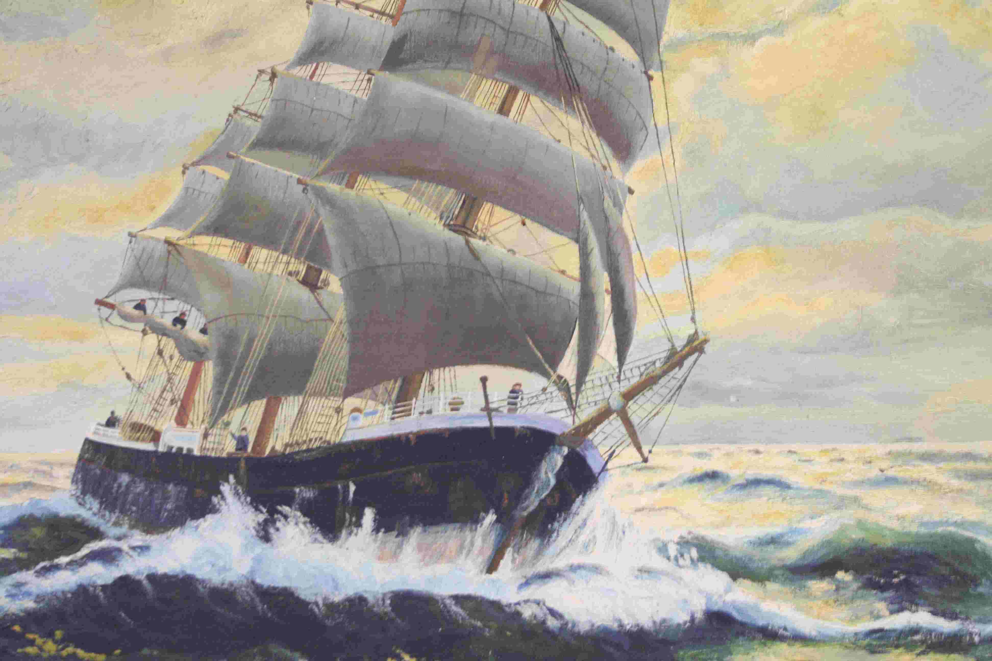 Large oil on canvas of a tall sailing ship with liner to background - Image 3 of 6