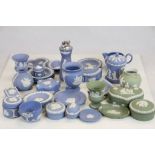 A box of wedgewood jasper ware to include trinket boxes, vases & dishes.