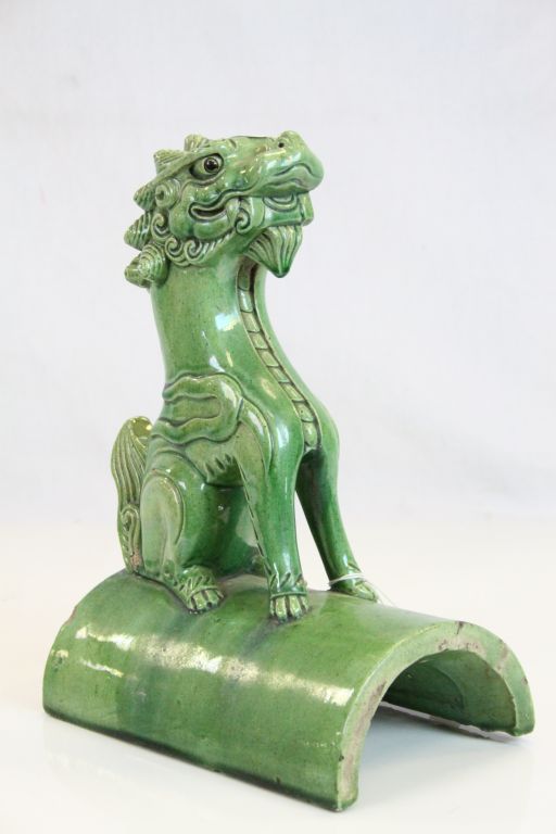 19th Century green glazed stoneware Roof Tile with seated Foe Dog finial, measures approximately - Image 2 of 7