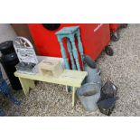 Collection of outdoor items to include milk churn, planters, galvanised coal bucket and lanterns