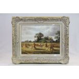 Ornate Gilt framed oil on canvas depicting a Harvest scene and signed "T Roberts", measures approx