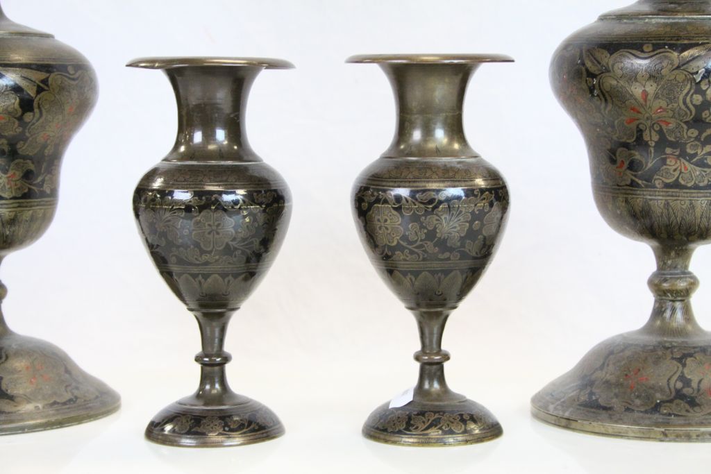 Two pairs of Middle Eastern Bronze Vases with Black Enamel decoration, the tallest pair approx 44cm - Image 5 of 7