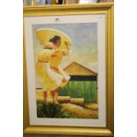 Signed oil painting of ladies with parasol sea gazing