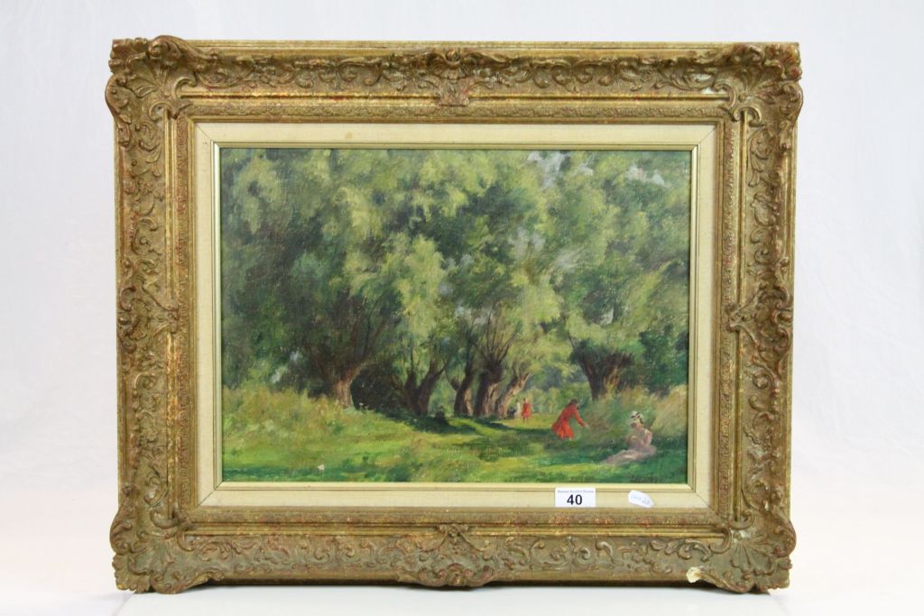 Agnes Charles 1866 - 1950 oil on canvas impressionist style figures in a woodland setting