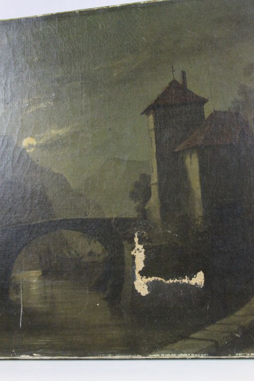 W Bush, Oil on Canvas Continental River Scene at night with bridge. - Image 4 of 6