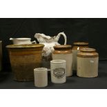 A box containing various ceramics to include meat dish and jugs.