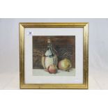 Still life painting of a fruit and bottle