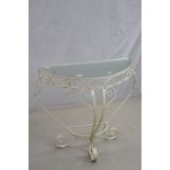 White Finished Wrought Iron Demi-Lune Table with Glass Top, 75cms long x 76cms high