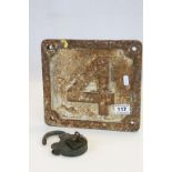 A vintage cast iron railway bridge plate and asimilar padlock and key stamed S R.