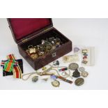 Jewellery box and contents including 9ct gold watch, military badges, coins etc