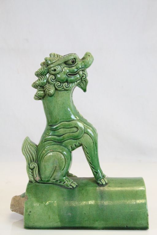 19th Century green glazed stoneware Roof Tile with seated Foe Dog finial, measures approximately