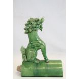 19th Century green glazed stoneware Roof Tile with seated Foe Dog finial, measures approximately