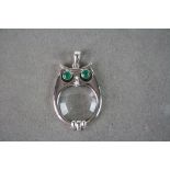 Silver Owl Shaped Magnifying Glass with Emerald Eyes