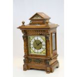 Large vintage Oak cased Bracket Clock, with ornate Gilt & Silvered Dial & applied Brass detailing to