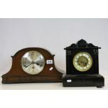 Mid 20th century dome topped bracket clock with three train movement and a Slate Mantle Clock with