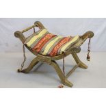 19th century Carved Giltwood X-Frame Stool with Upholstered Seat and Cushion, 78cms long x 48cms