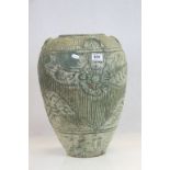 Large vintage Green painted Teracotta Pot with Floral incised decoration, stands approx 44cm