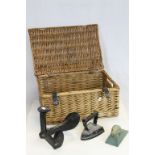 Small wicker hamper together with vintage cobblers last, Salter iron and a hedgehog door jam