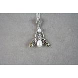Silver Plique A Jour Pendant Necklace with Pearl Drop on Silver Chain