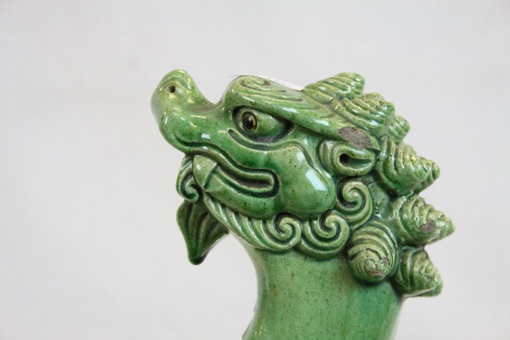 19th Century green glazed stoneware Roof Tile with seated Foe Dog finial, measures approximately - Image 4 of 7