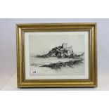Gilt framed & glazed "Albany Howarth" (1872 - 1936) Engraving of Bambrough Castle Northumberland &