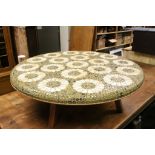 Mosaic Ceramic Set Circular Coffee Table raised on Four Teak Square Legs, 108cms diameter x 34cms