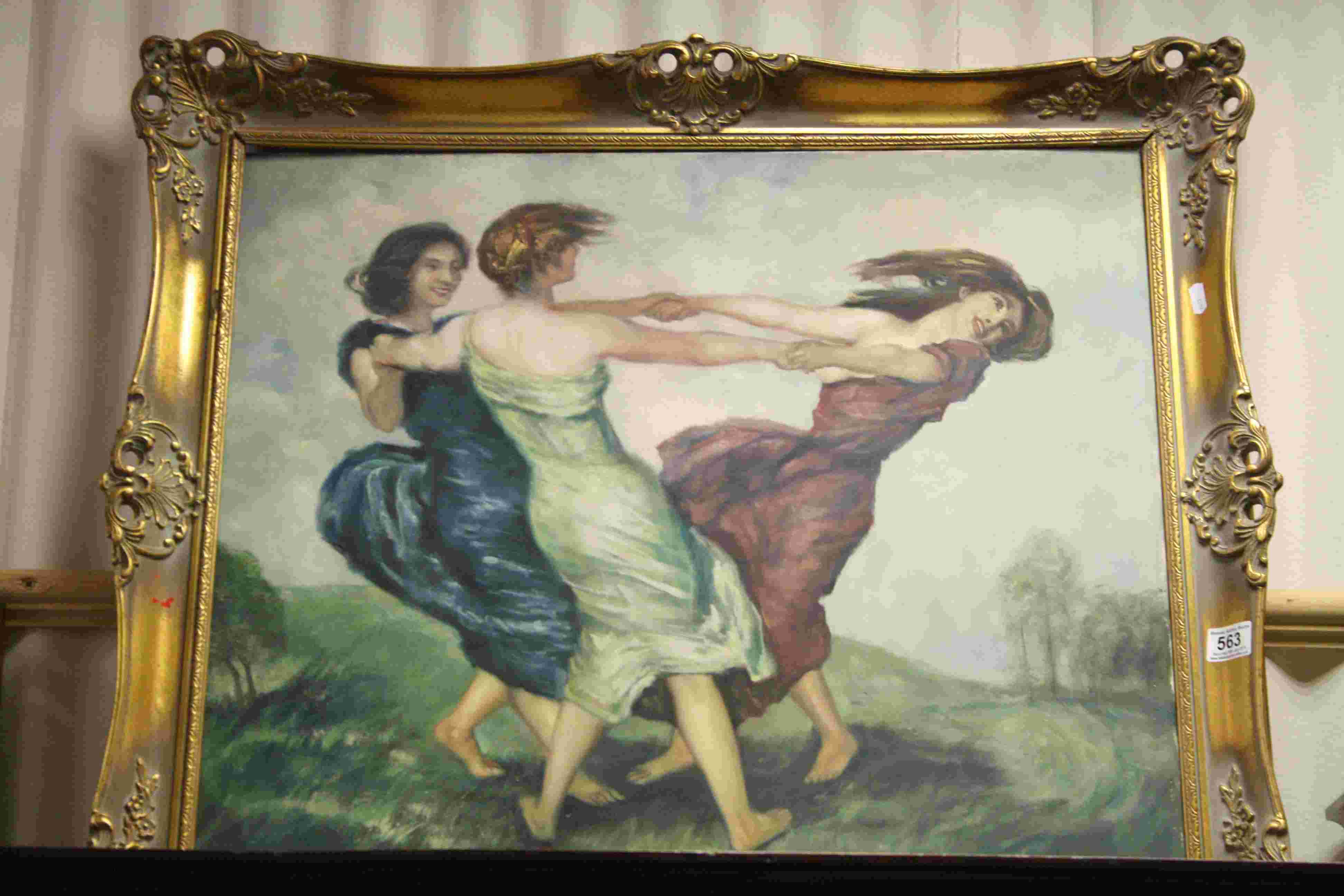 Oil on canvas, three dancing women on a hilltop in ornate frame, approx. 85cm x 75cm
