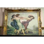 Oil on canvas, three dancing women on a hilltop in ornate frame, approx. 85cm x 75cm