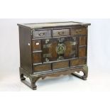 Oriental Hardwood Table Top Cabinet with Brass Mounts comprising Three Small Drawers over a