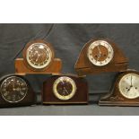 Five various mid 20th century mantle clocks and a box of clock spares.
