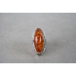 Large Amber Style Dress Ring in Silver Mount