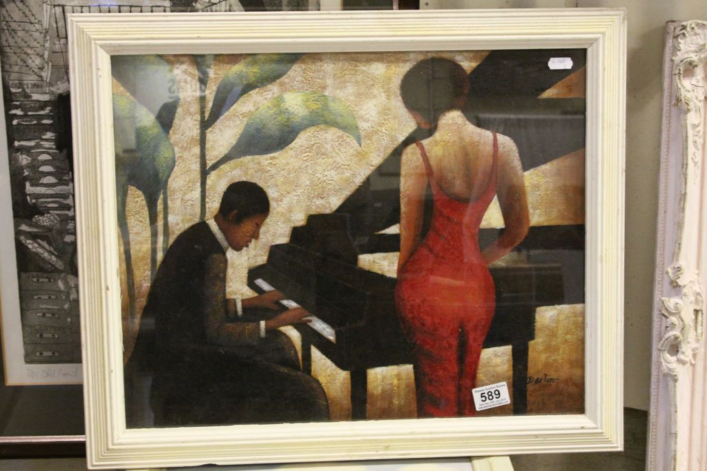 Signed oil painting of a jazz singer and pianist