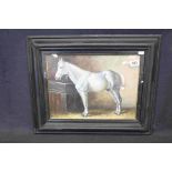 Ebonized oil painting equine study of a grey horse in a stable