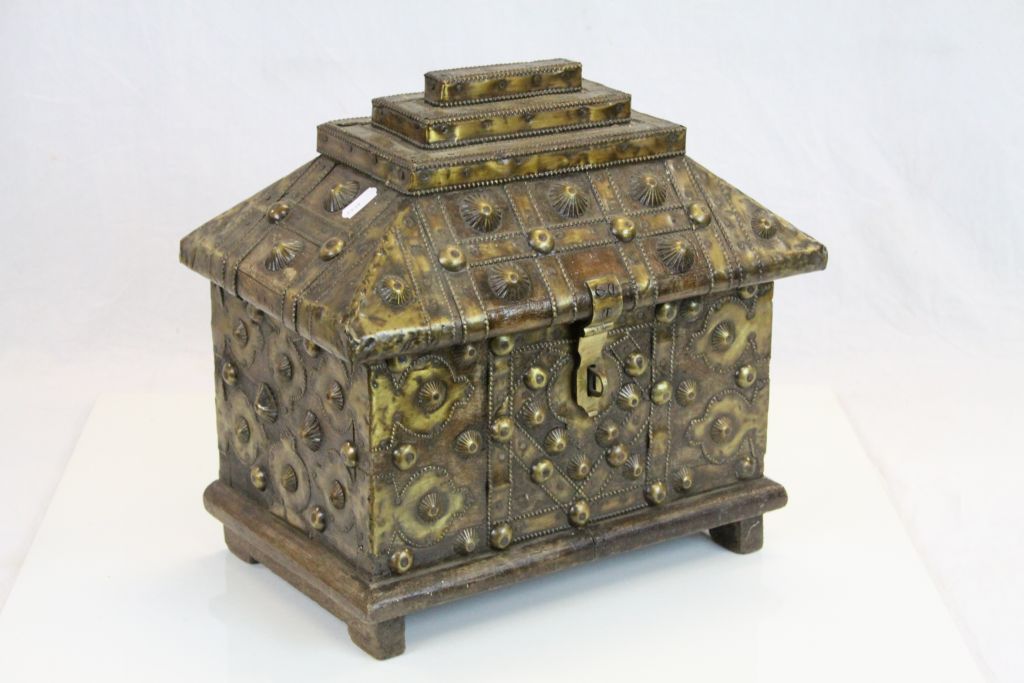 Middle Eastern Wooden casket with hinged lid and extensive Brass studding & detailing plus a small