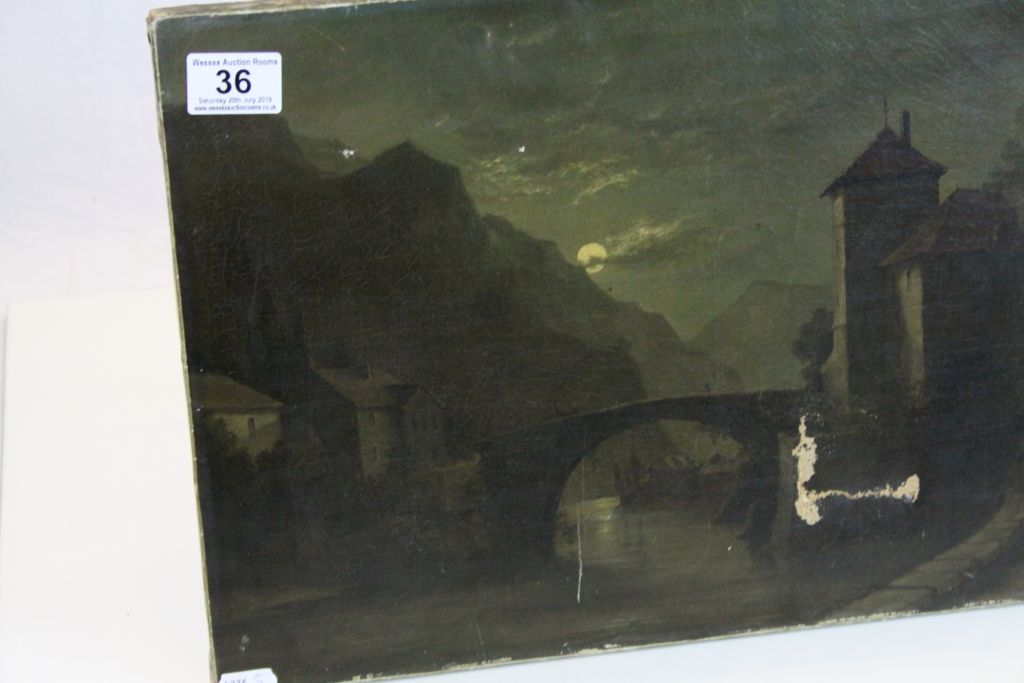 W Bush, Oil on Canvas Continental River Scene at night with bridge. - Image 3 of 6