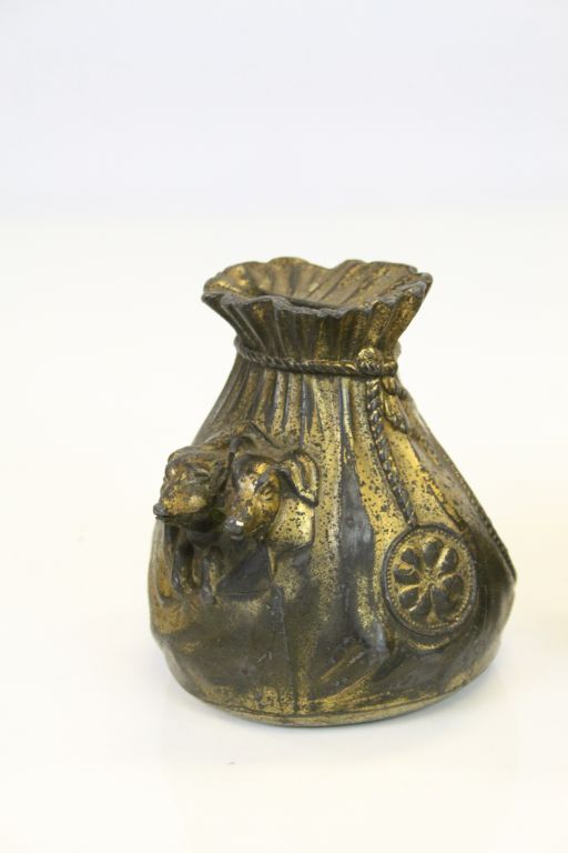 Pair of Edwardian Gilt finish Spelter lucky cash bag Money boxes each with a pair of Dachshunds - Image 2 of 4
