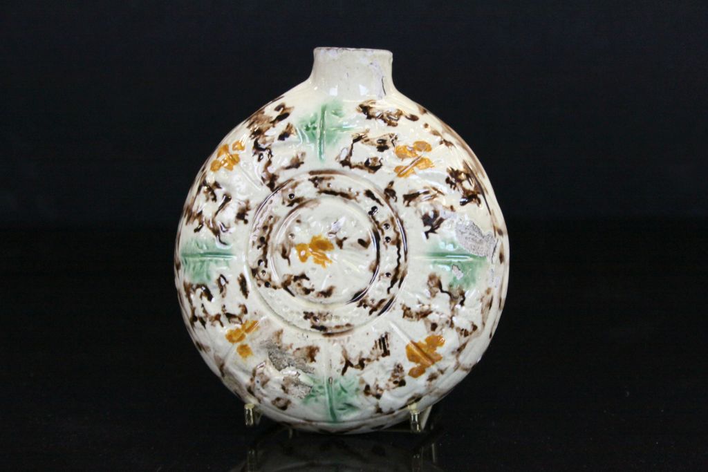 Oriental Glazed Stoneware Moon type Flask with abstract decoration, approx 11cm diameter, lacks