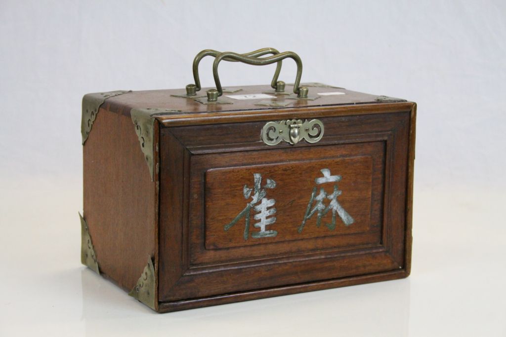 Oriental Hardwood & Brass chest of Drawers with Mah Jong set in Bone & Bamboo, box approx 23 x 15