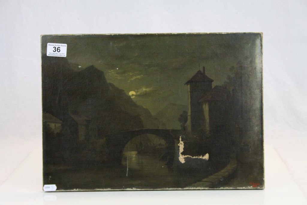 W Bush, Oil on Canvas Continental River Scene at night with bridge.