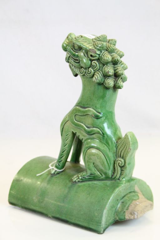 19th Century green glazed stoneware Roof Tile with seated Foe Dog finial, measures approximately - Image 3 of 7