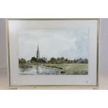 Watercolour of Salisbury by K Laurence dated 1976 approx. 55cm by 37cm
