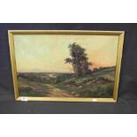 Antique oil on canvas rural scene with sheep indistinctly signed