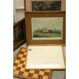 A small collection of framed and glazed prints together with a wooden chess board.